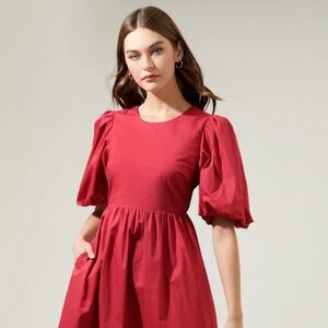 Sugarlips Curve Red Puff Sleeve Poplin Midi Dress Pockets NWT Size 1X